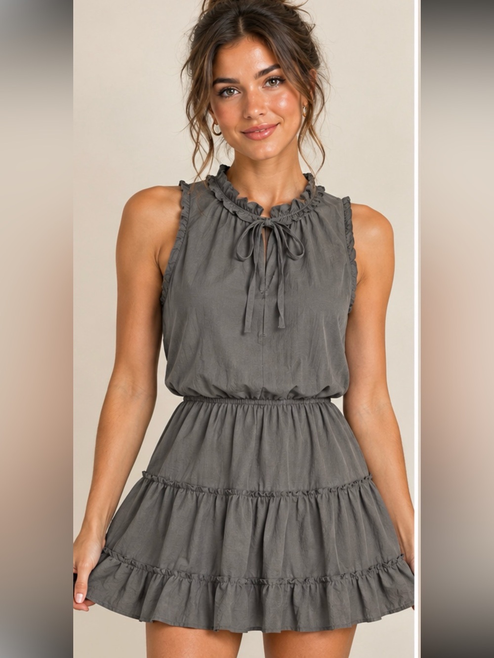 Cotton Mini Dress Women size Small Gray Sleeveless Aline Skirt Ruffle Neck Tie